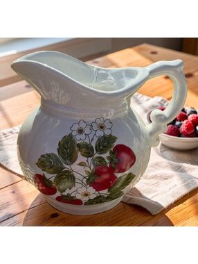 Vintage McCoy Pottery Strawberry Pitcher White Floral Fruit Country Kitchen